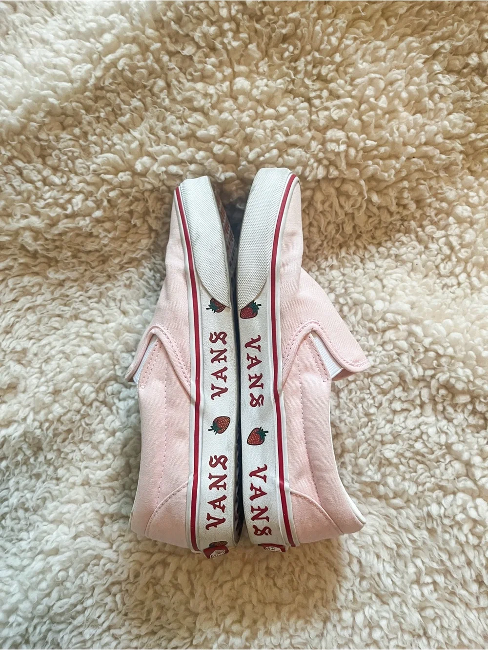 Vans 2021 Pink Slip-On Sneakers with Red Side Logo and Strawberry Detail Rare